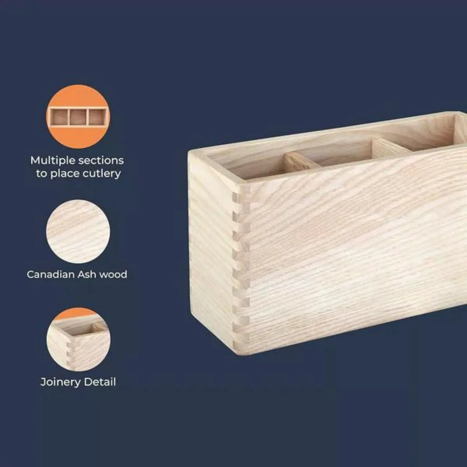 Cutlery Caddy | Canadian Ash Wood | 3 Compartments | Smart Construct | 8"