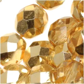 Czech Fire Polished Glass Bead. 8mm Round, Crystal Gold Half-Coat (1 Strand)