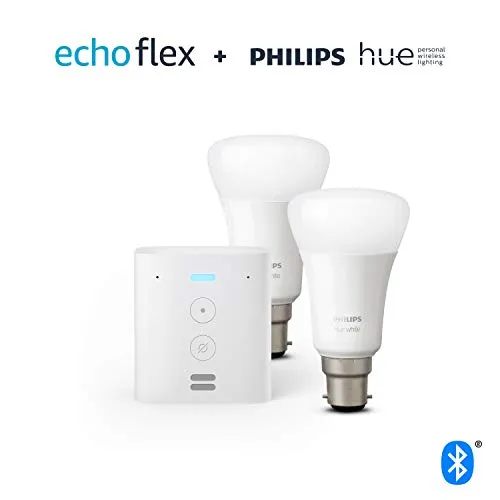 Echo Flex   Philips Hue White Smart Bulb Twin Pack LED (B22) | Bluetooth & ZigBee compatible (no hub required)