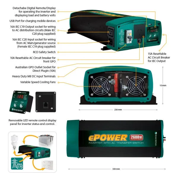 Enerdrive | ePOWER 2000W | 12V Pure Sine Wave Inverter with RCD & AC Transfer Switch