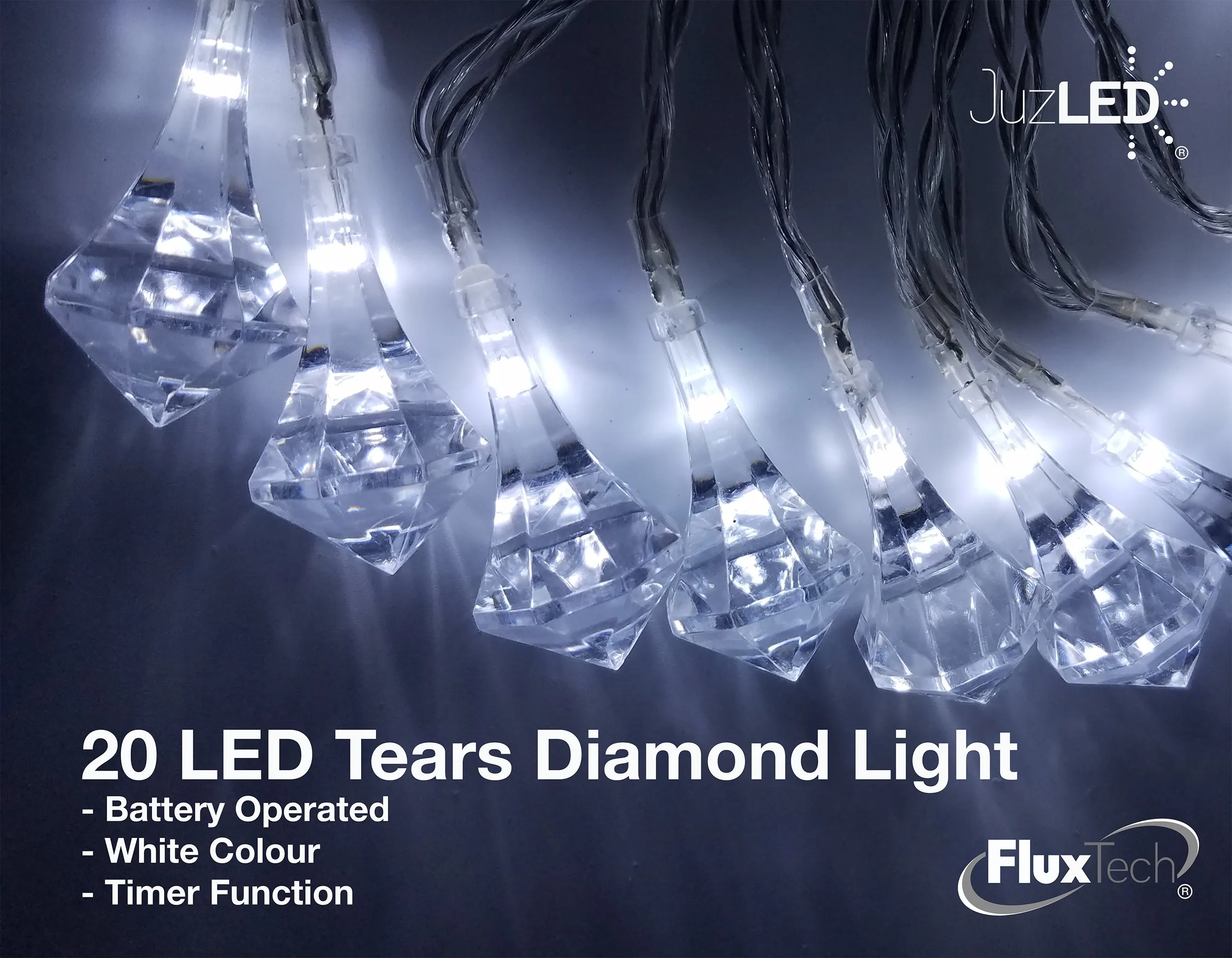 FluxTech - Tears Diamond x 20 Cool White LED Lights by JustLED – Timer function - Battery Operated