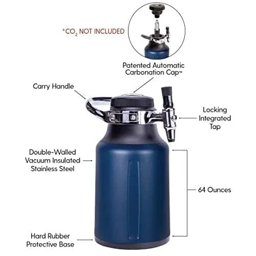 GrowlerWerks uKeg Go Carbonated Growler, 64oz, Midnight, 10 CO2 Chargers