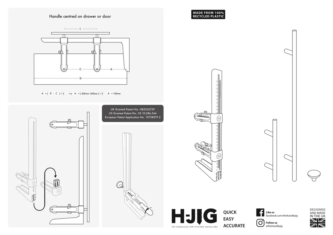 H-JIG Adjustable Kitchen Door Cabinet Handle Drill Template Guide Tool