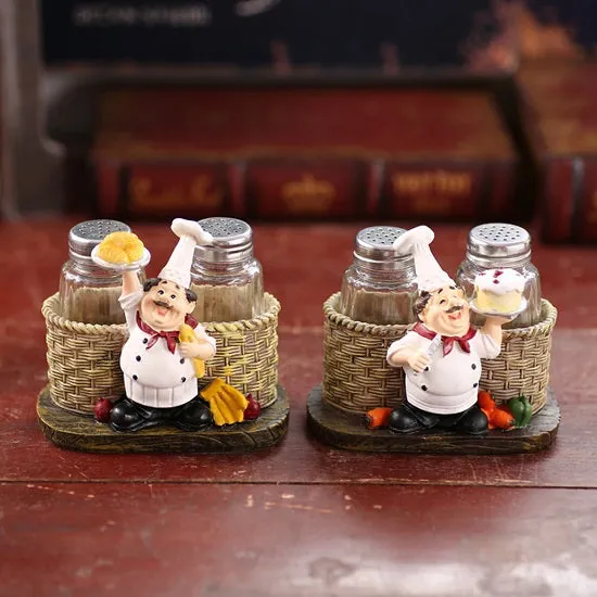 Kitchen French Chef Salt and Pepper Bottles Holder Figurines Statues