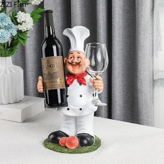 Kitchen French Chef Wine Rack Cup and Menue Holders Figurines Statues