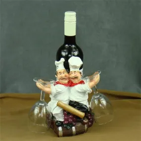 Kitchen French  Double Chefs Wine Bottle Rack Holders Figurines Statues