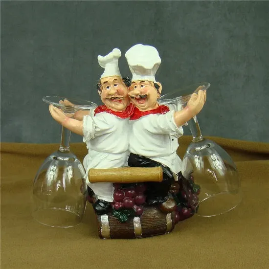 Kitchen French  Double Chefs Wine Bottle Rack Holders Figurines Statues