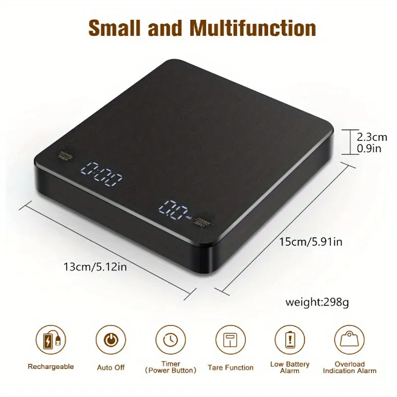 LED Screen Coffee Scale Kitchen Scales 3kg/0.1g Mirror Basic Electronic Scale Built-in Auto Timer Pour Over Espresso