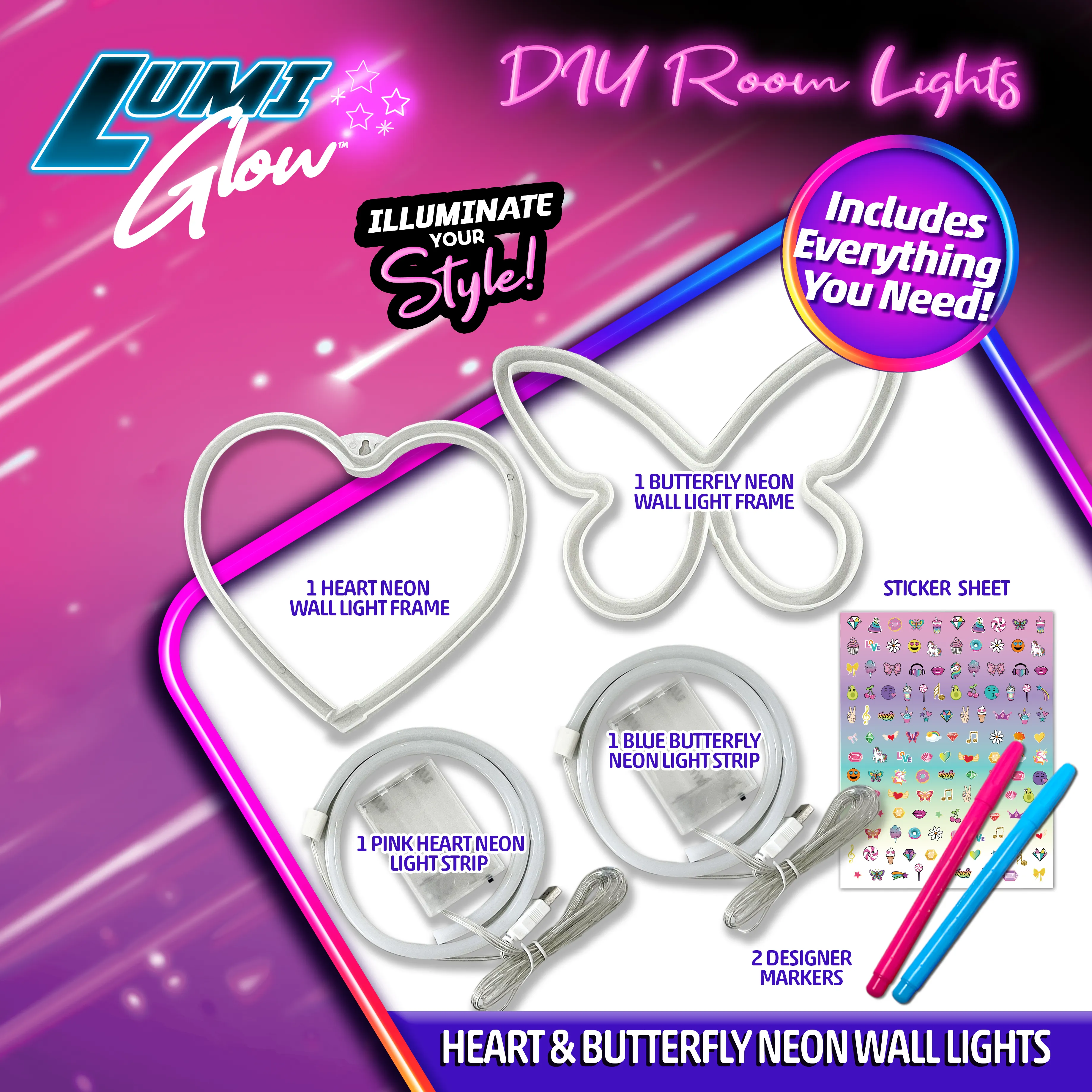 LumiGlow DIY Room Lights - Heart, Butterfly and Neon Lights