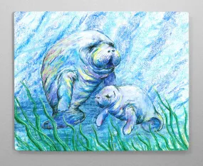 Manatees in Grass Aluminum Wall Art