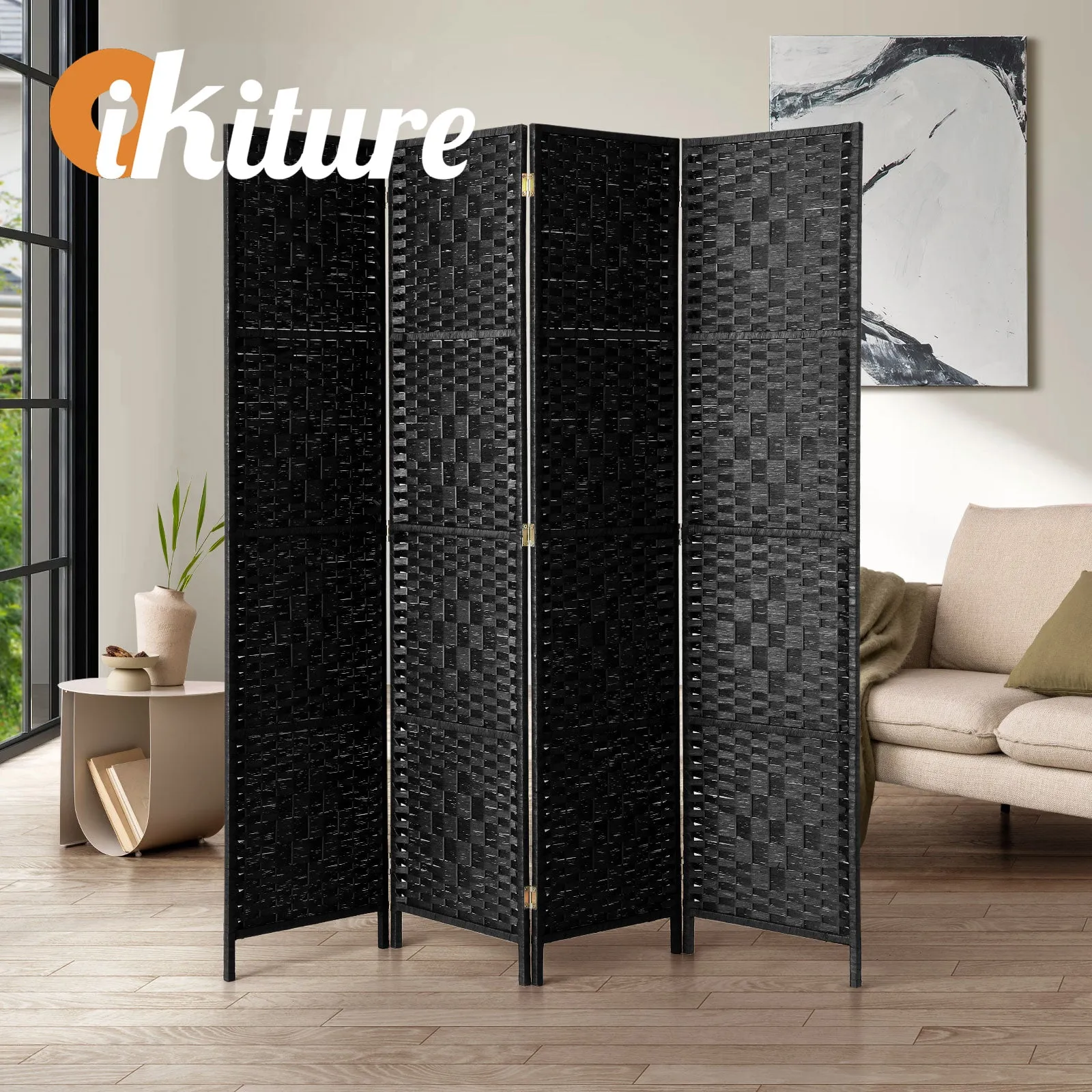 Oikiture 4 Panel Room Divider Screen Privacy Dividers Woven Wood Folding Black