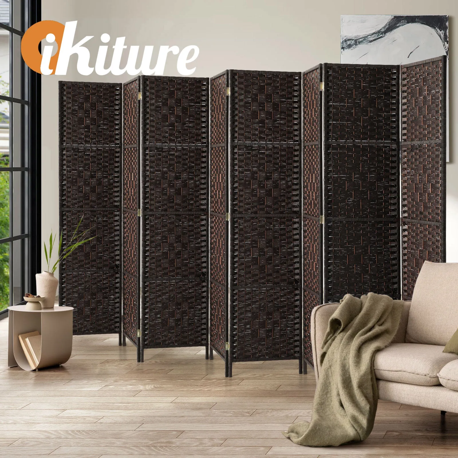 Oikiture 8 Panel Room Divider Screen Privacy Dividers Woven Wood Folding Brown
