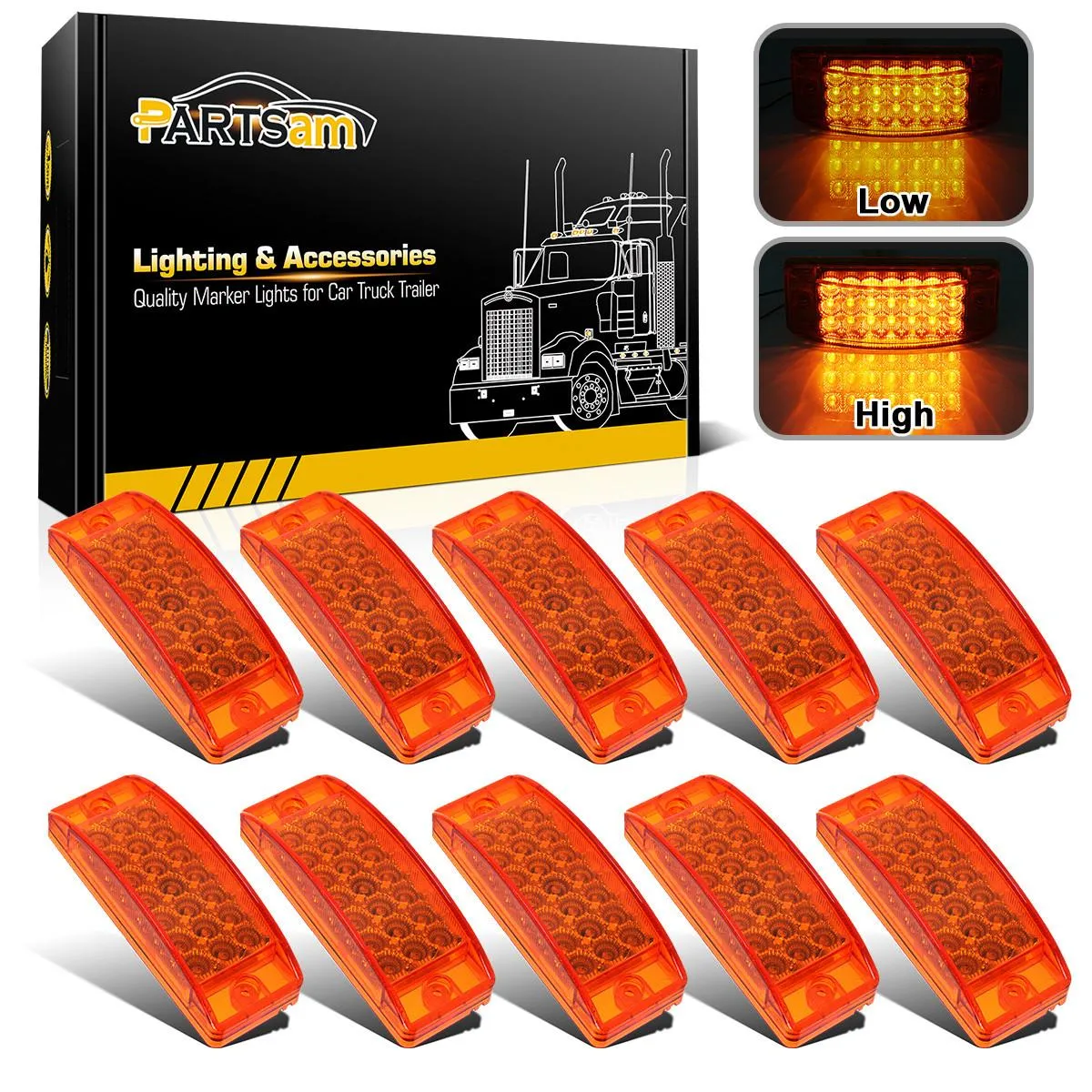 Partsam 10x 6inch Rectangle Amber Led Side Marker and Clearance Trailer Lights 21LED w Reflectors Waterproof Sealed Rectangular Led trailer lights Turn Signal and Parking Lights 3 Wires Surface Mount