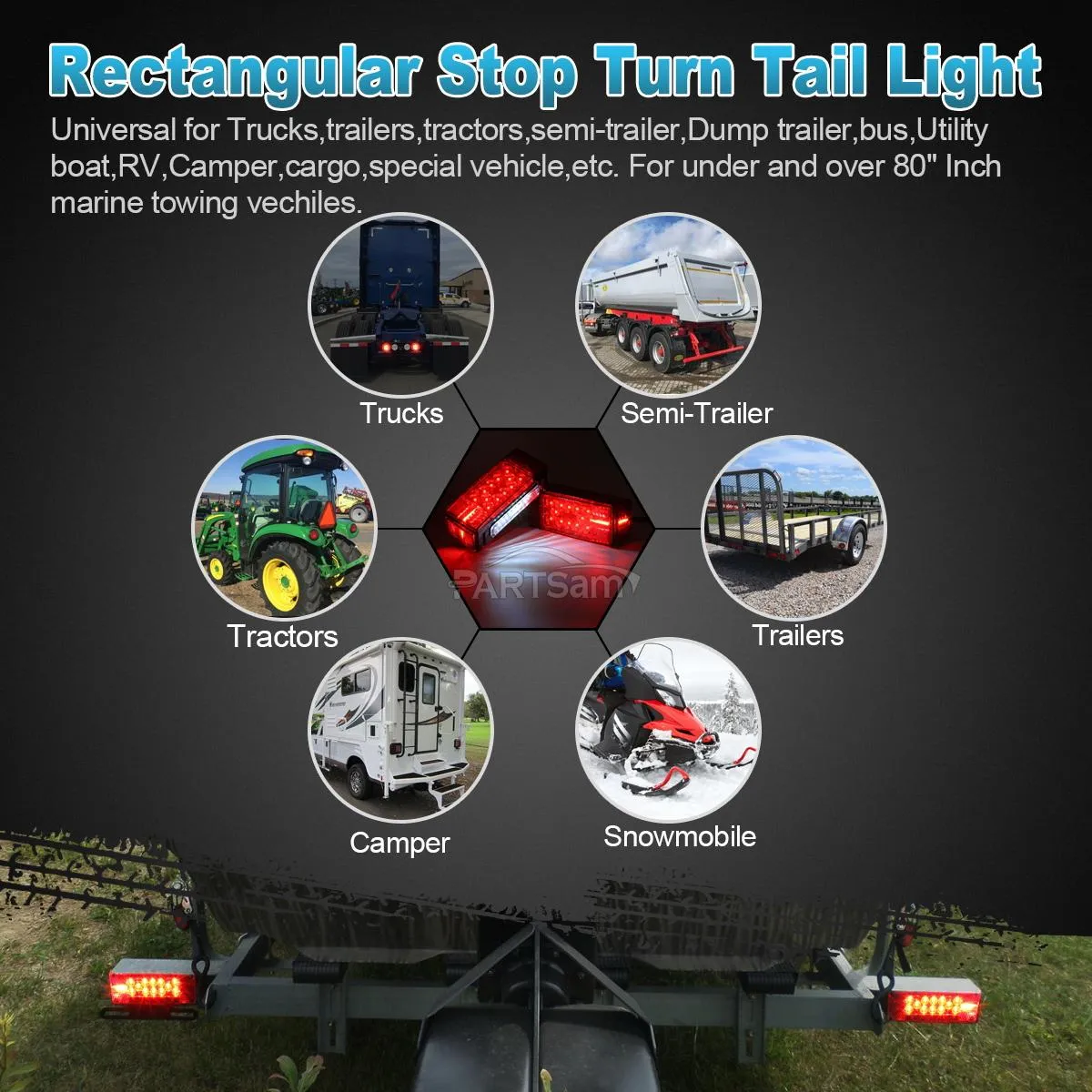 Partsam 12V LED Submersible Low Profile Rectangular Trailer Lights, Waterproof LED Combination Trailer Tail Light Kit Stop Brake License Plate Turn Running Lights Sealed for Boat Trailer Lights Truck