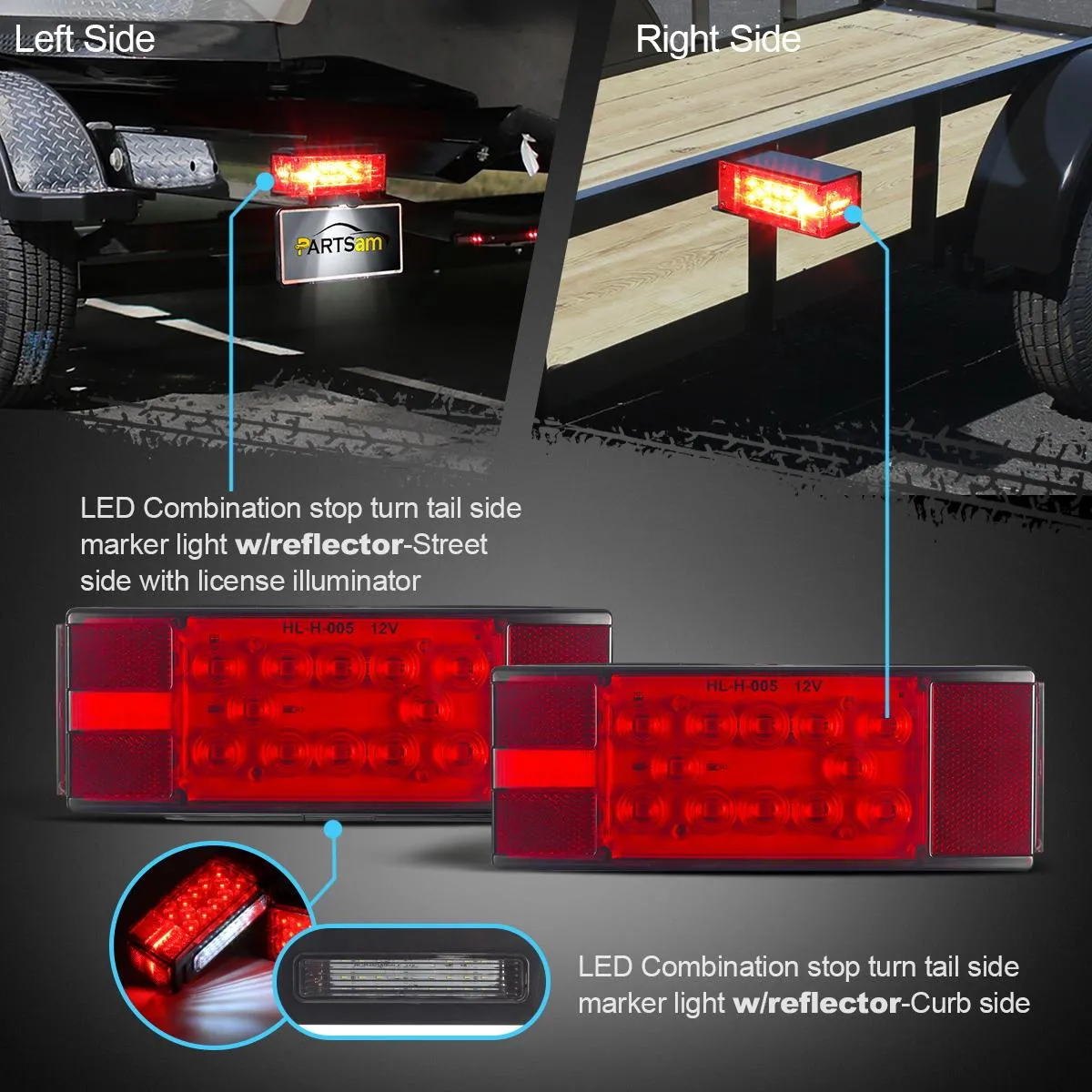 Partsam 12V LED Submersible Low Profile Rectangular Trailer Lights, Waterproof LED Combination Trailer Tail Light Kit Stop Brake License Plate Turn Running Lights Sealed for Boat Trailer Lights Truck