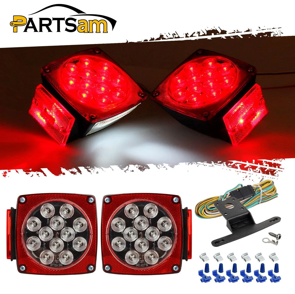 Partsam 12V Waterproof Square LED Trailer Tail Light Kit Clear Lens Red Trailer Brake Stop Tail Turn Signal Running Lights License Kit for Camper Truck RV Boat Trailer Snowmobile Marine Under 80inch
