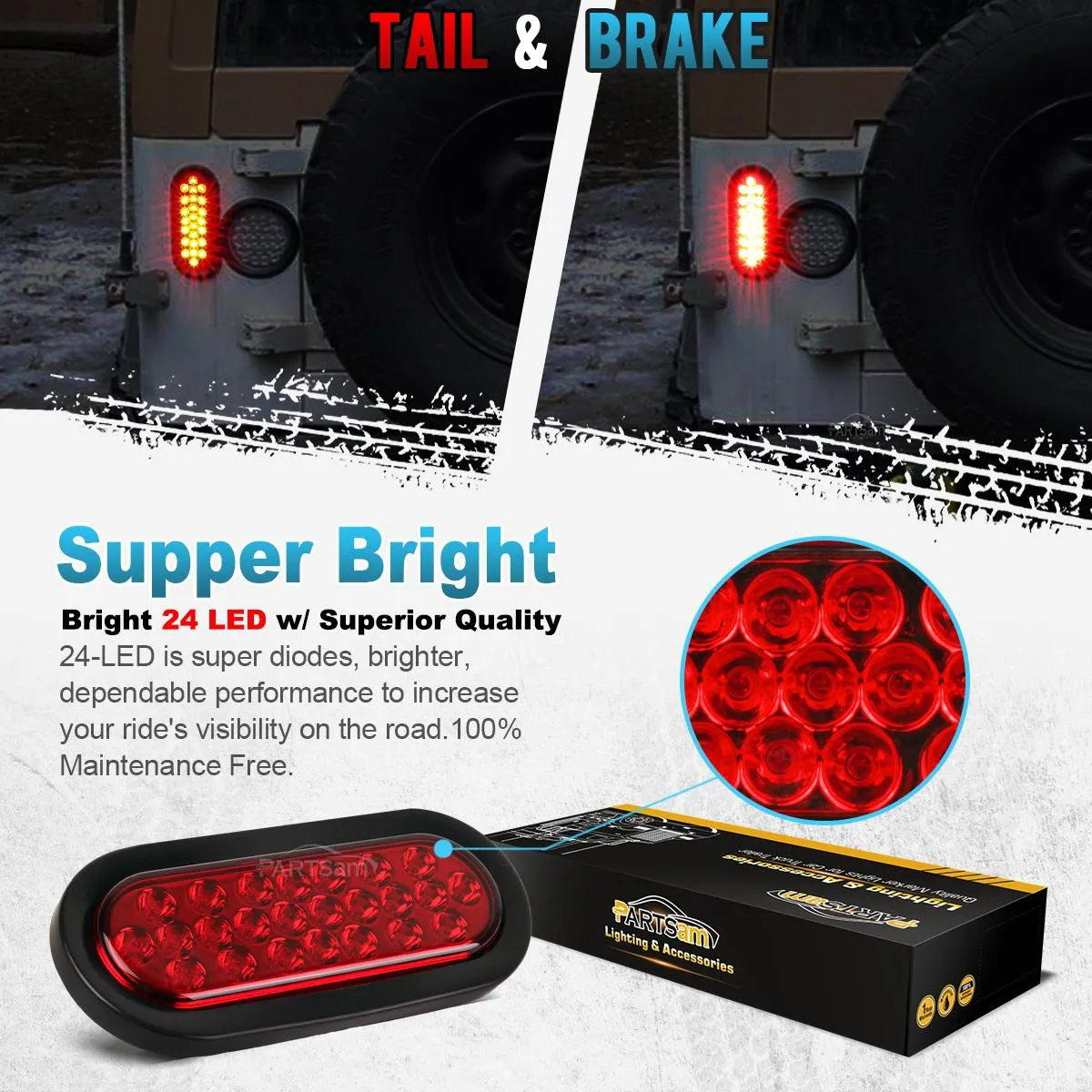 Partsam 2xRed   2xWhite 6" 24 LED Oval Stop Turn Tail Lights Brake Backup Reverse Light Kit for Truck Trailer Bus RV Camper Waterproof 12V Sealed 6 Inch Oval Led Trailer Tail Lights Grommet Mount