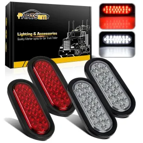Partsam 2xRed   2xWhite 6" 24 LED Oval Stop Turn Tail Lights Brake Backup Reverse Light Kit for Truck Trailer Bus RV Camper Waterproof 12V Sealed 6 Inch Oval Led Trailer Tail Lights Grommet Mount