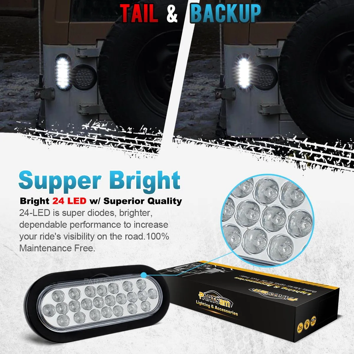 Partsam 2xRed   2xWhite 6" 24 LED Oval Stop Turn Tail Lights Brake Backup Reverse Light Kit for Truck Trailer Bus RV Camper Waterproof 12V Sealed 6 Inch Oval Led Trailer Tail Lights Grommet Mount