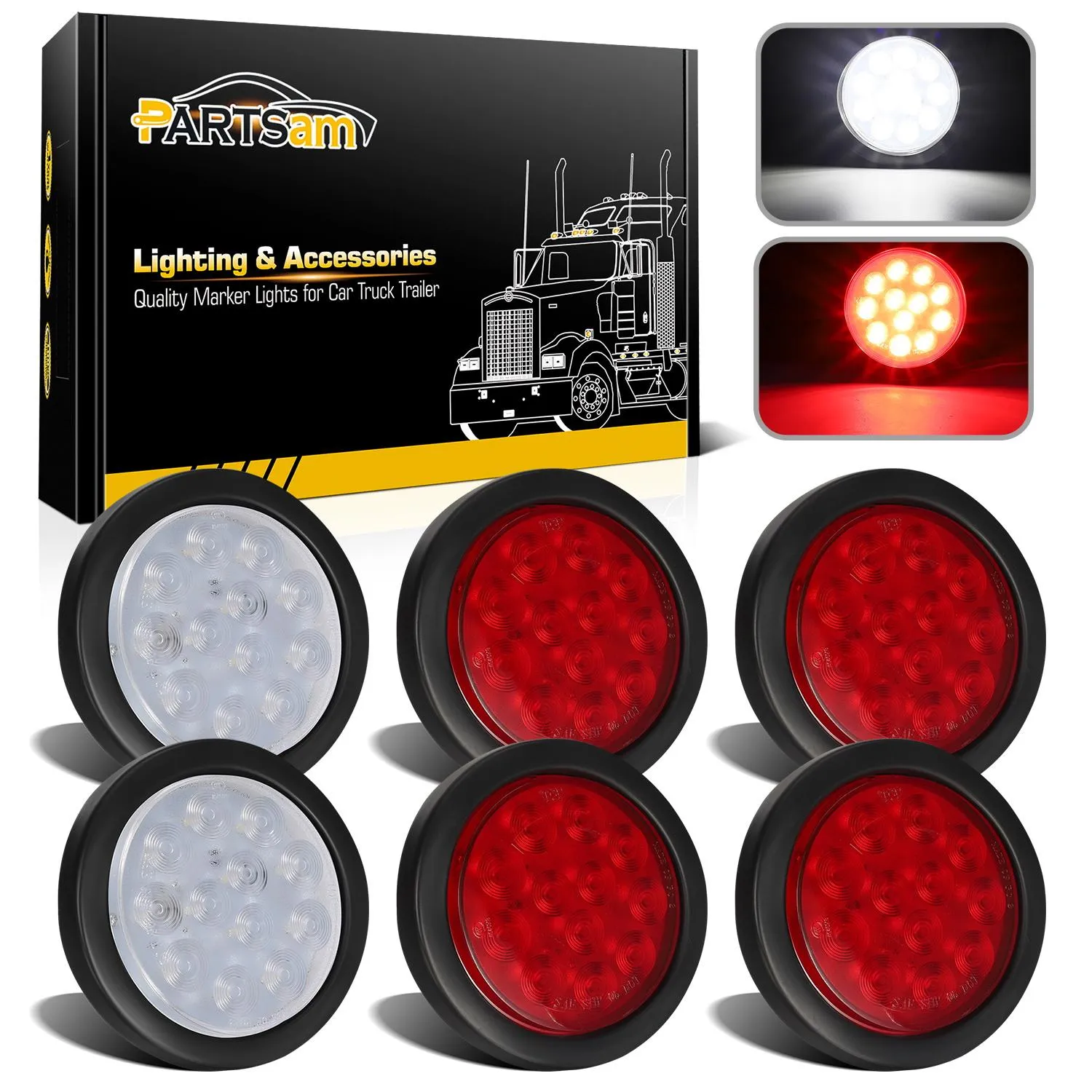 Partsam 6Pcs 4 Inch Round LED Trailer Tail Lights Kit - Round Led Stop Turn Tail Back-up Reverse Fog Lights 12 LED Include Lights Grommet 3-Prong Wire Pigtails for Truck Trailer RV( 4 Red   2 White)