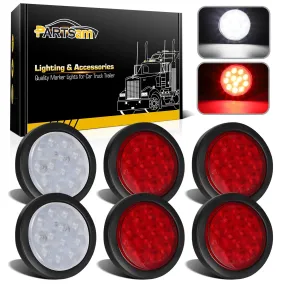 Partsam 6Pcs 4 Inch Round LED Trailer Tail Lights Kit - Round Led Stop Turn Tail Back-up Reverse Fog Lights 12 LED Include Lights Grommet 3-Prong Wire Pigtails for Truck Trailer RV( 4 Red   2 White)
