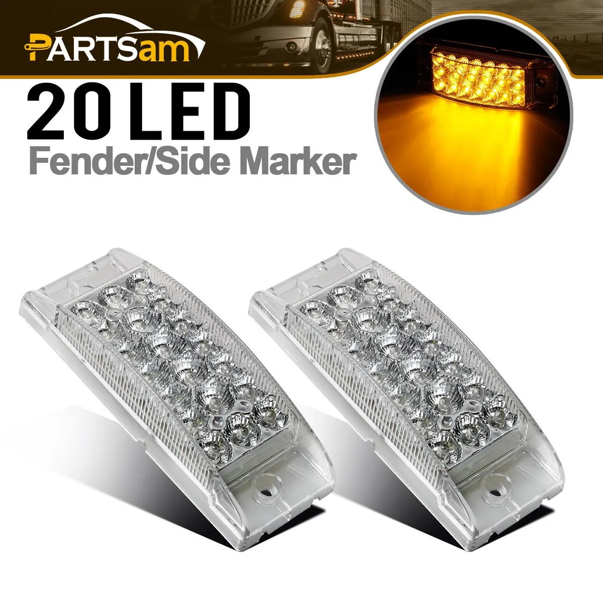 Partsam Pair 6inch Amber Side Front Marker Light Turn Signal Light High Low Brightness Sealed, 20 Diodes, Trailer Clearance and led marker lights, 6x2 Rectangular Rectangle led lights, 3 Wires
