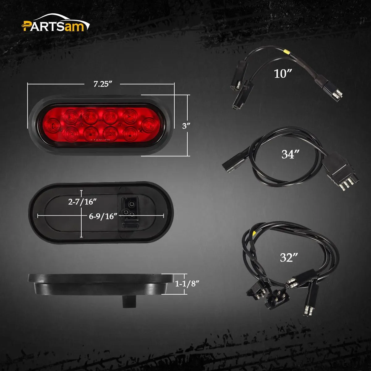 Partsam Red Cargo Carrier Hitch Rack Lights Kit, 2Pcs 6 Inch 10 LED Oval Waterproof Tail Lights with Rubber Grommets, 76inch Wiring Harness, Bike Rack Light