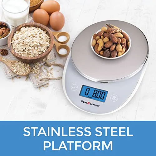 Pohl Schmitt Digital Food Kitchen Scale, Batteries Included, Multifunctional Weight Measuring Device in Grams/Ounces, Auto Shut-Off, Stainless Steel, Silver