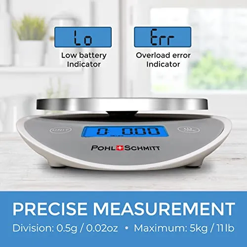 Pohl Schmitt Digital Food Kitchen Scale, Batteries Included, Multifunctional Weight Measuring Device in Grams/Ounces, Auto Shut-Off, Stainless Steel, Silver
