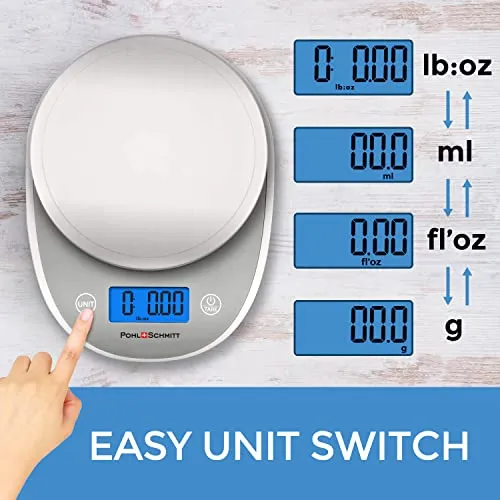 Pohl Schmitt Digital Food Kitchen Scale, Batteries Included, Multifunctional Weight Measuring Device in Grams/Ounces, Auto Shut-Off, Stainless Steel, Silver