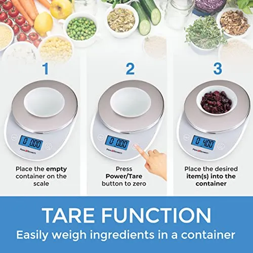 Pohl Schmitt Digital Food Kitchen Scale, Batteries Included, Multifunctional Weight Measuring Device in Grams/Ounces, Auto Shut-Off, Stainless Steel, Silver