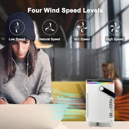 Portable Air Conditioners, Cooling fan Mini Air Conditioner Portable, 4 Wind Speed & 7 LED Light, 2 Cool Air Spray & 2-8H Timer, Personal Air Conditioner Evaporative Air Cooler for Room/Office