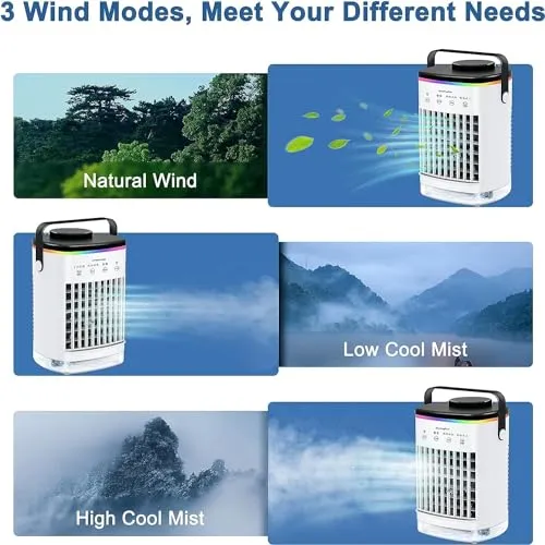 Portable Air Conditioners, Cooling fan Mini Air Conditioner Portable, 4 Wind Speed & 7 LED Light, 2 Cool Air Spray & 2-8H Timer, Personal Air Conditioner Evaporative Air Cooler for Room/Office
