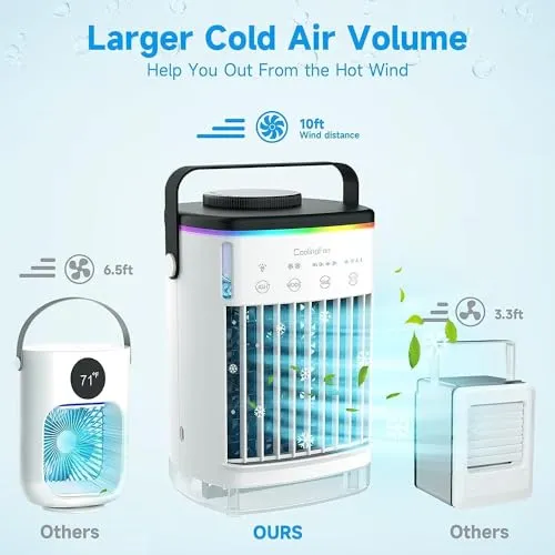 Portable Air Conditioners, Cooling fan Mini Air Conditioner Portable, 4 Wind Speed & 7 LED Light, 2 Cool Air Spray & 2-8H Timer, Personal Air Conditioner Evaporative Air Cooler for Room/Office