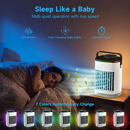 Portable Air Conditioners, Cooling fan Mini Air Conditioner Portable, 4 Wind Speed & 7 LED Light, 2 Cool Air Spray & 2-8H Timer, Personal Air Conditioner Evaporative Air Cooler for Room/Office