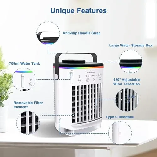 Portable Air Conditioners, Cooling fan Mini Air Conditioner Portable, 4 Wind Speed & 7 LED Light, 2 Cool Air Spray & 2-8H Timer, Personal Air Conditioner Evaporative Air Cooler for Room/Office