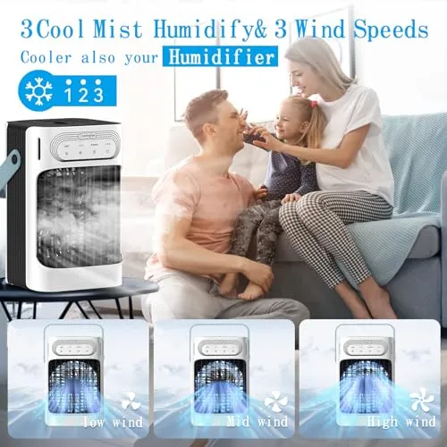 Portable Air Conditioners,charmega Personal Air Conditioners,Portable AC 3in1 Air Cooler with 900ML Water Tank 3 Cool Mist,3 Wind Speed,7 LED Lights,2-8H Timer Air Conditioner Portable for Room,Office