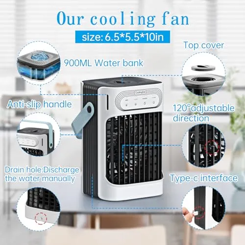 Portable Air Conditioners,charmega Personal Air Conditioners,Portable AC 3in1 Air Cooler with 900ML Water Tank 3 Cool Mist,3 Wind Speed,7 LED Lights,2-8H Timer Air Conditioner Portable for Room,Office