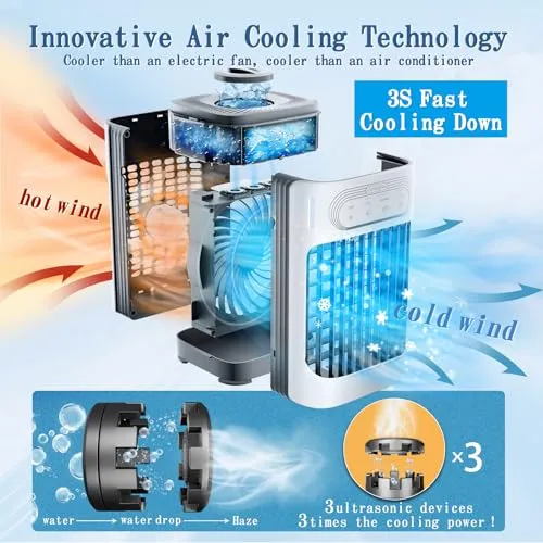 Portable Air Conditioners,charmega Personal Air Conditioners,Portable AC 3in1 Air Cooler with 900ML Water Tank 3 Cool Mist,3 Wind Speed,7 LED Lights,2-8H Timer Air Conditioner Portable for Room,Office