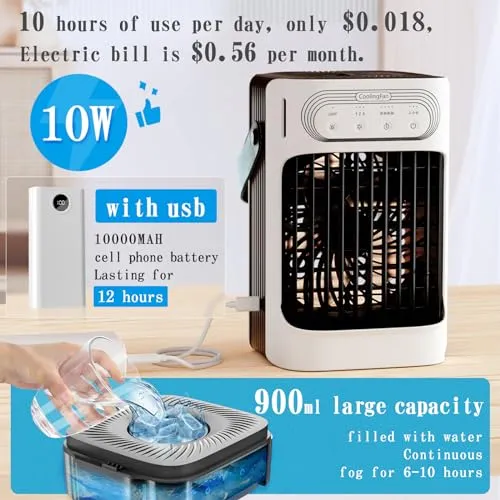 Portable Air Conditioners,charmega Personal Air Conditioners,Portable AC 3in1 Air Cooler with 900ML Water Tank 3 Cool Mist,3 Wind Speed,7 LED Lights,2-8H Timer Air Conditioner Portable for Room,Office