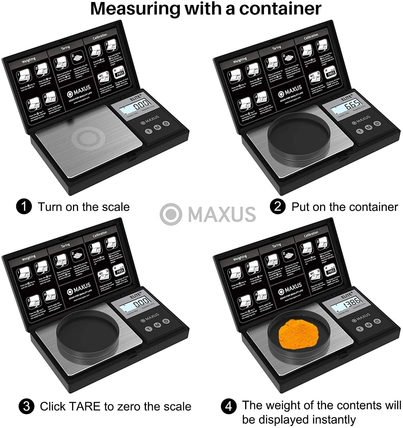 Precision Pocket Scale 200G X 0.01G, MAXUS Elite Digital Gram Scale Small Scale Mini Food Scale Jewelry Scale Ounces/ Grains Scale, Easy to Carry, Great for Travel ,Backlit LCD, Stainless Steel