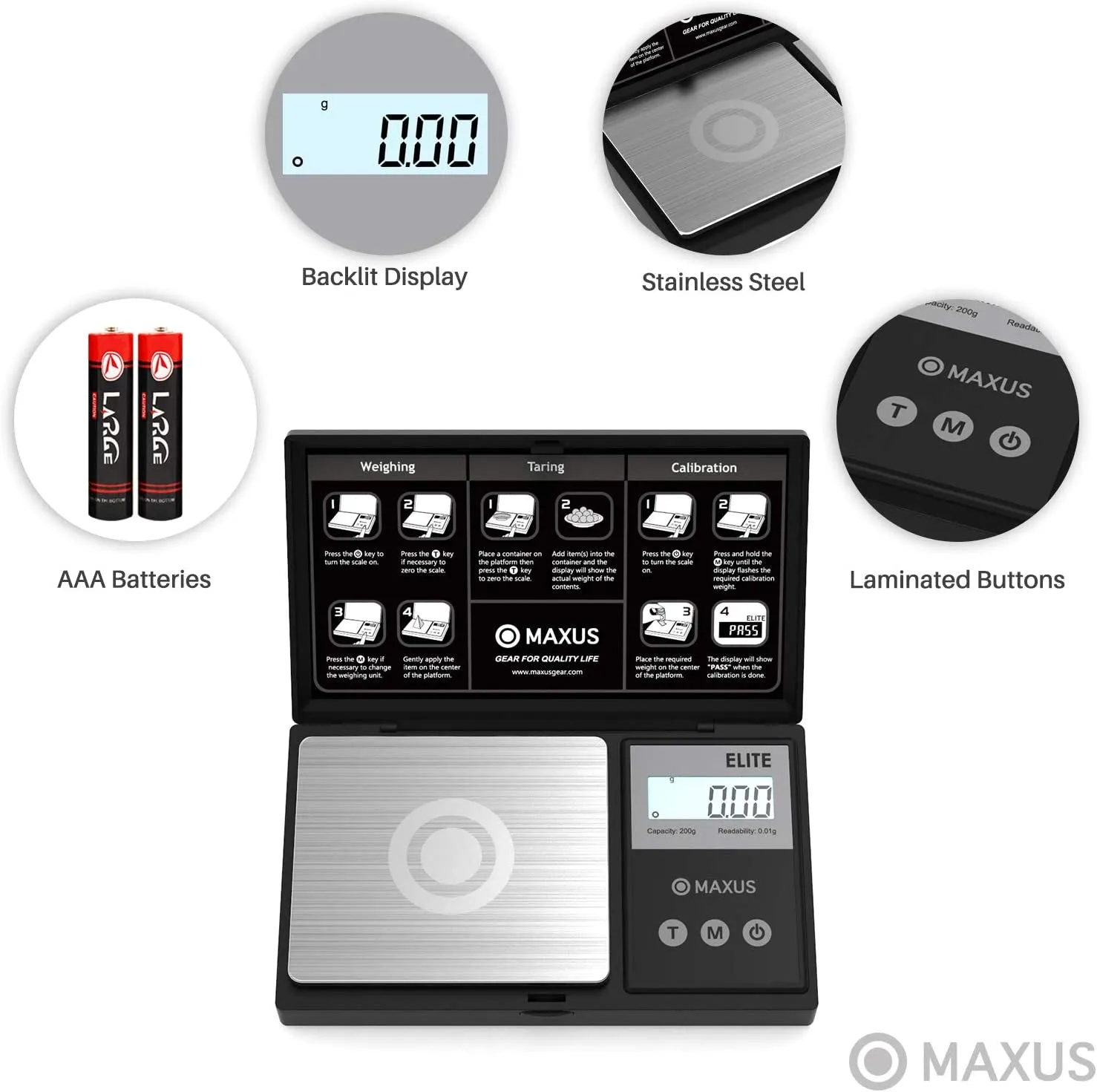 Precision Pocket Scale 200G X 0.01G, MAXUS Elite Digital Gram Scale Small Scale Mini Food Scale Jewelry Scale Ounces/ Grains Scale, Easy to Carry, Great for Travel ,Backlit LCD, Stainless Steel
