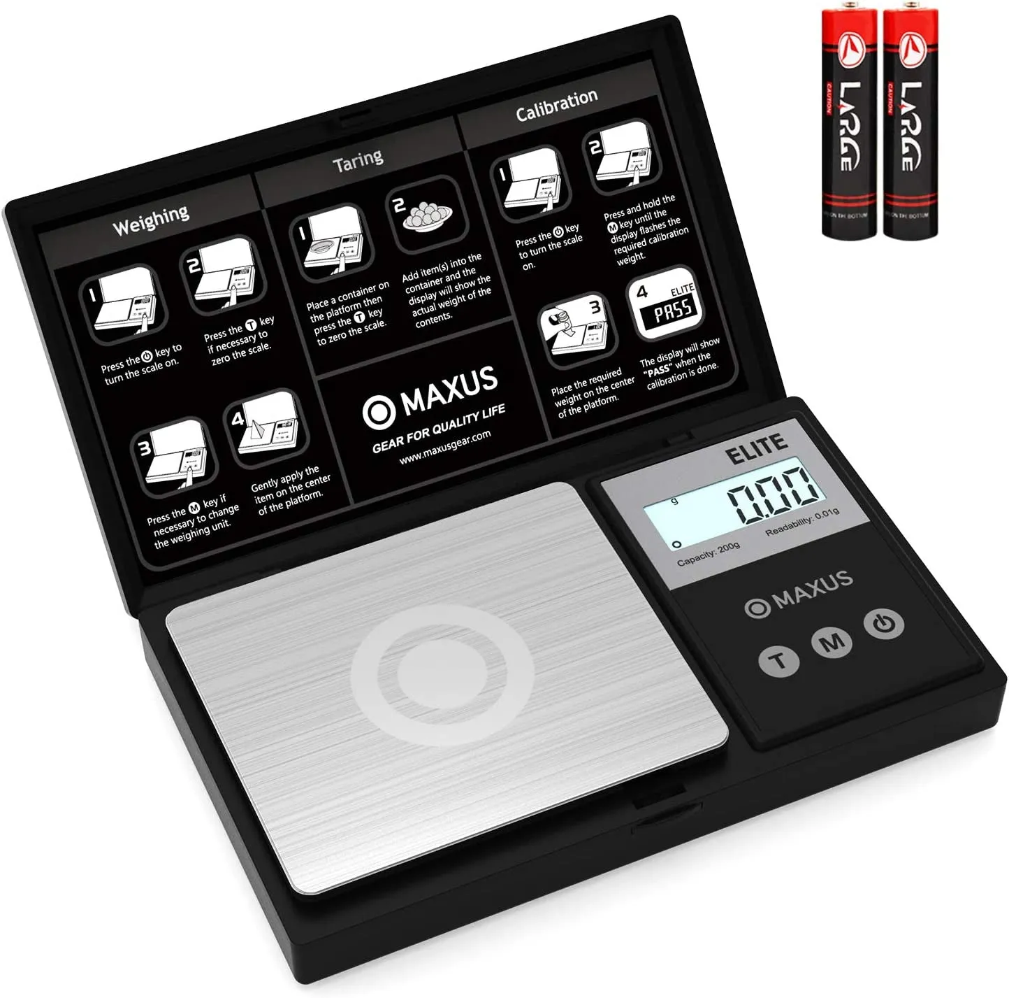 Precision Pocket Scale 200G X 0.01G, MAXUS Elite Digital Gram Scale Small Scale Mini Food Scale Jewelry Scale Ounces/ Grains Scale, Easy to Carry, Great for Travel ,Backlit LCD, Stainless Steel