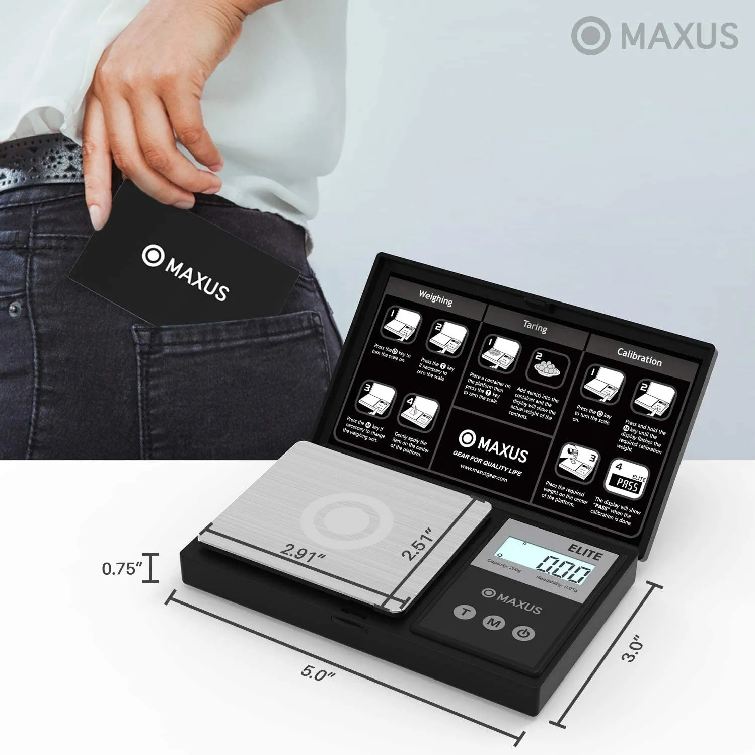 Precision Pocket Scale 200G X 0.01G, MAXUS Elite Digital Gram Scale Small Scale Mini Food Scale Jewelry Scale Ounces/ Grains Scale, Easy to Carry, Great for Travel ,Backlit LCD, Stainless Steel