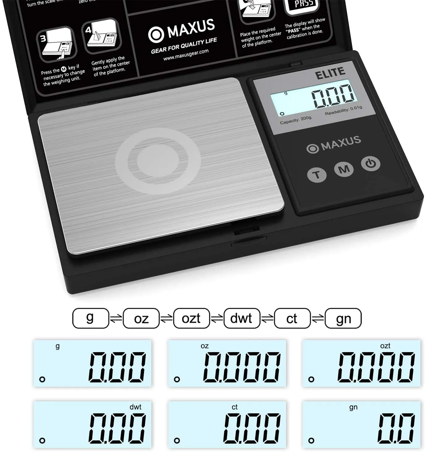 Precision Pocket Scale 200G X 0.01G, MAXUS Elite Digital Gram Scale Small Scale Mini Food Scale Jewelry Scale Ounces/ Grains Scale, Easy to Carry, Great for Travel ,Backlit LCD, Stainless Steel