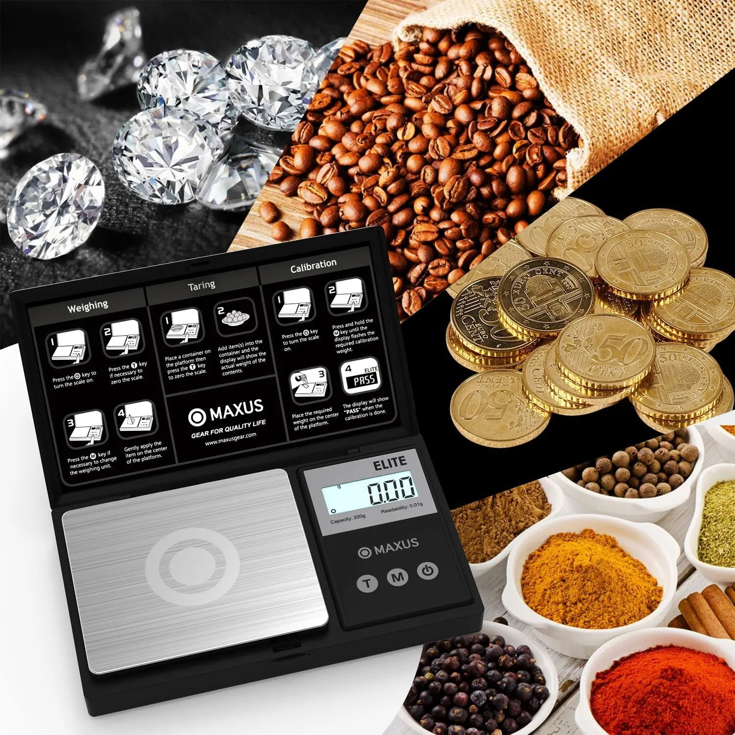 Precision Pocket Scale 200G X 0.01G, MAXUS Elite Digital Gram Scale Small Scale Mini Food Scale Jewelry Scale Ounces/ Grains Scale, Easy to Carry, Great for Travel ,Backlit LCD, Stainless Steel