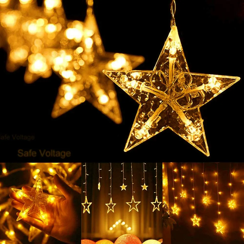 Quntis 138 LED 12-Star Connectable 6.5ft Curtain Xmas Lights – 8 Flashing Modes, Warm White Holiday Decor for Christmas & Festive Lighting