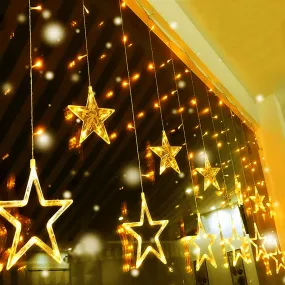 Quntis 138 LED 12-Star Connectable 6.5ft Curtain Xmas Lights – 8 Flashing Modes, Warm White Holiday Decor for Christmas & Festive Lighting