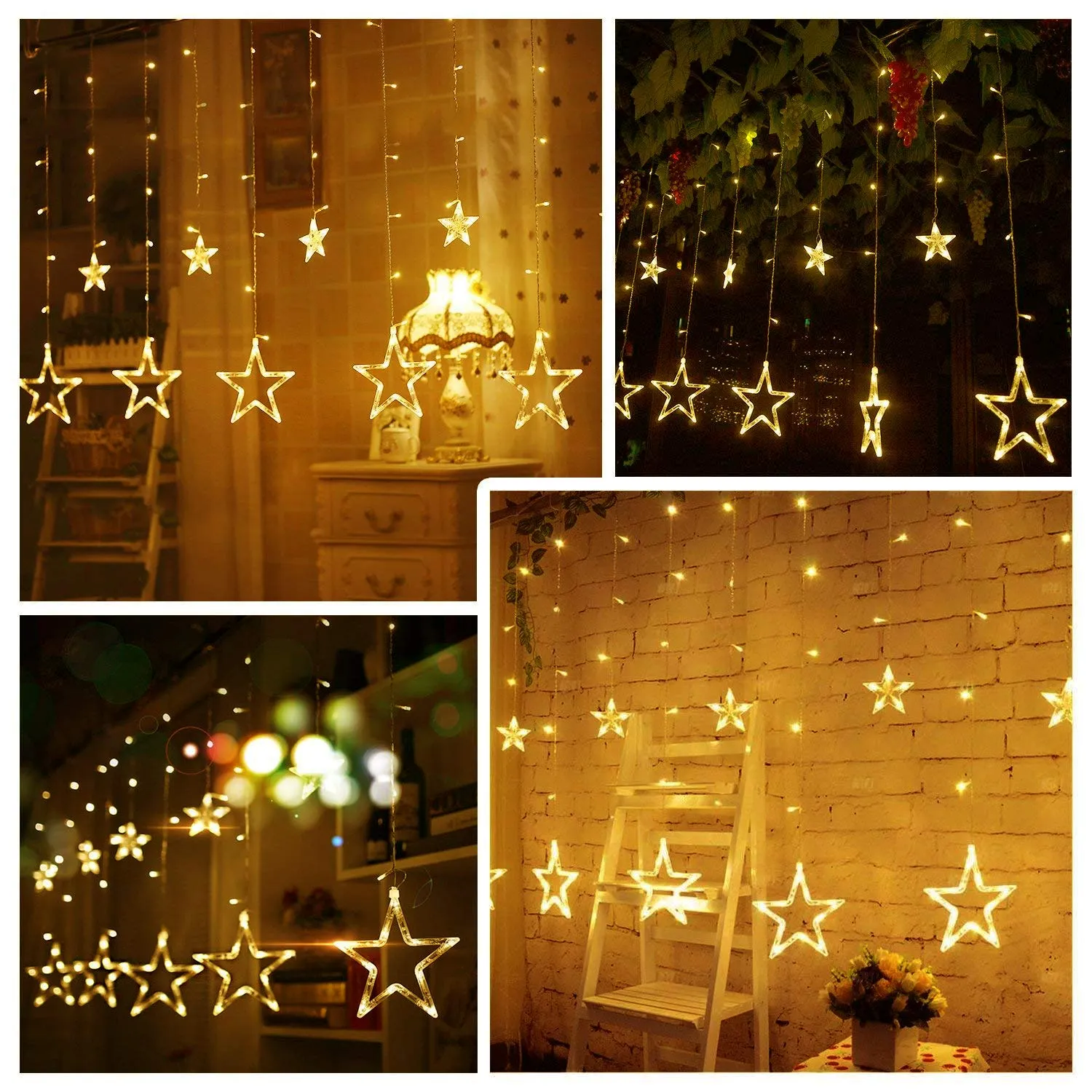 Quntis 138 LED 12-Star Connectable 6.5ft Curtain Xmas Lights – 8 Flashing Modes, Warm White Holiday Decor for Christmas & Festive Lighting