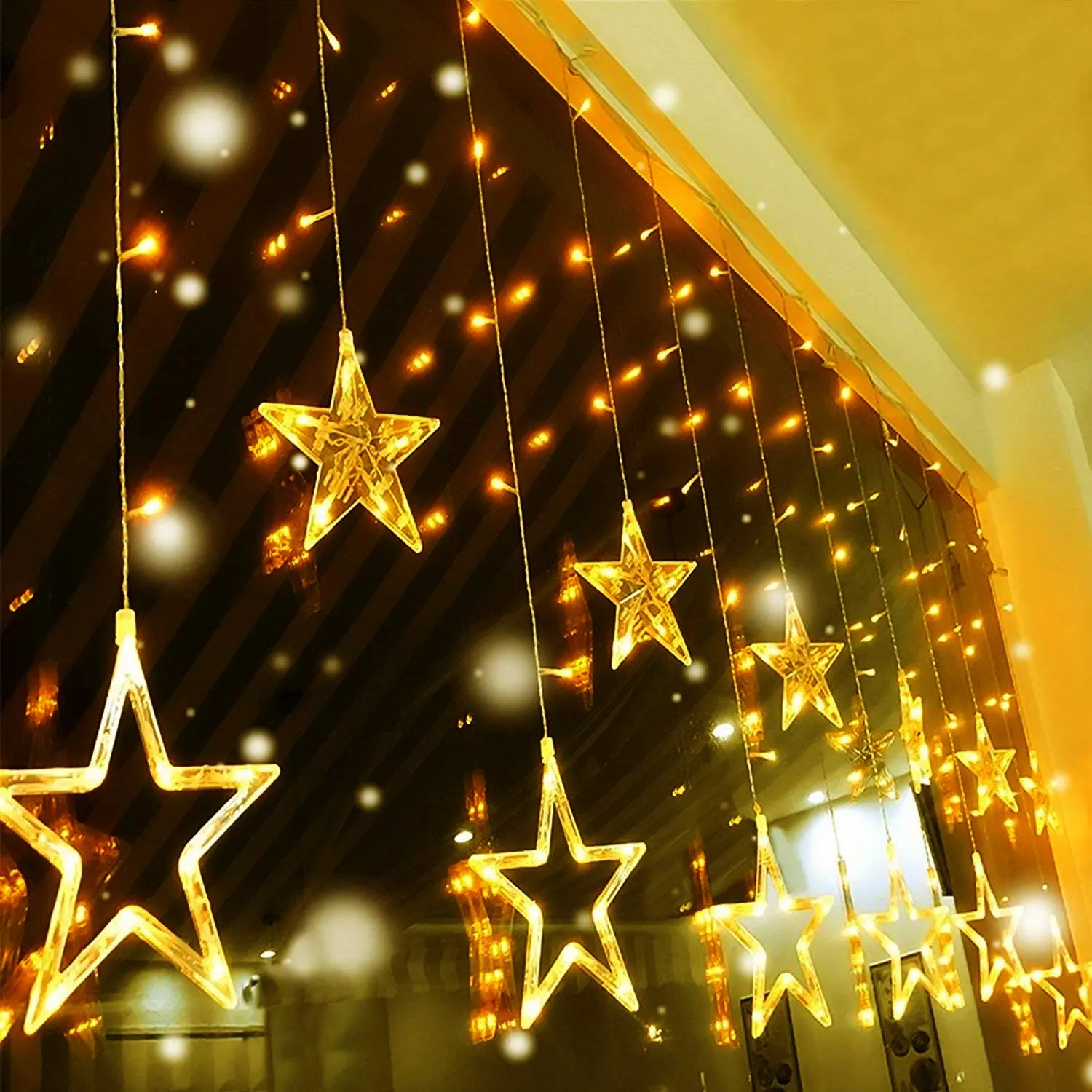 Quntis 138 LED 12-Star Connectable 6.5ft Curtain Xmas Lights – 8 Flashing Modes, Warm White Holiday Decor for Christmas & Festive Lighting